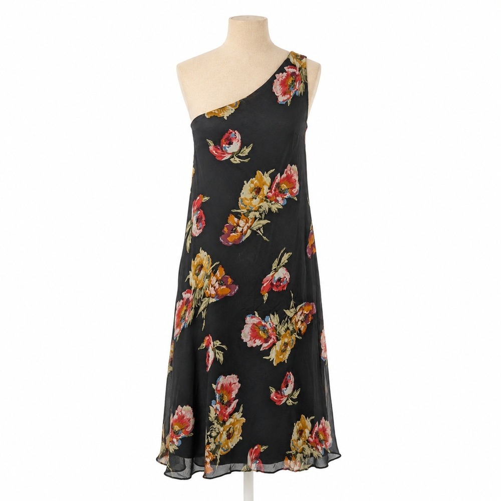 Vintage Y2K Lauren Ralph Lauren 100% Silk Floral Dress 10 Black Fairy Cocktail